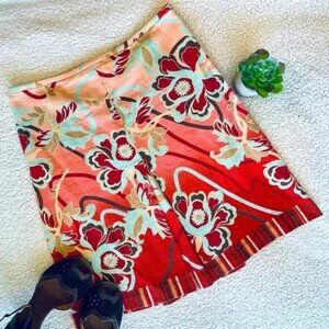 Ann Taylor Floral Pink Red Unlined A Line Single Box Pleated Front Skirt Size 4
